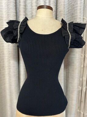 Gracia Black Ribbed Knit Top Rhinestone Ruffle Puff Sleeves Size Small